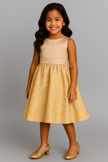 Champagne Gold Floral Dress with Bow – Elegant Girl Party Dress