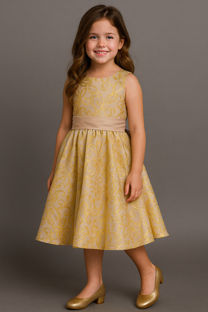 Champagne Gold Floral Dress with Bow – Elegant Girl Party Dress