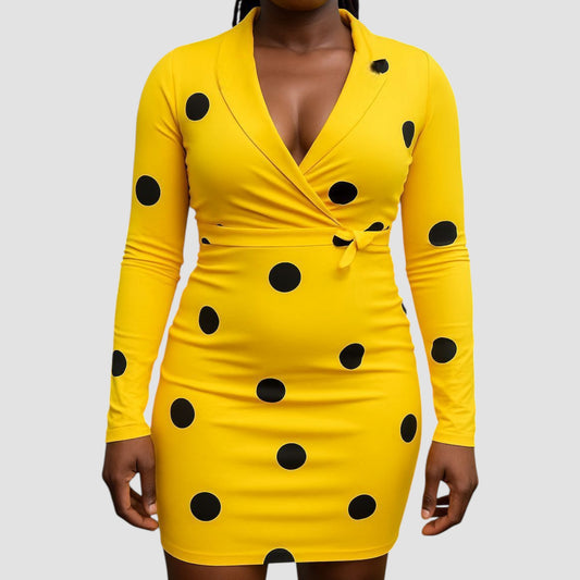 Bold Dot Delight Wrap Dress – Yellow & Black