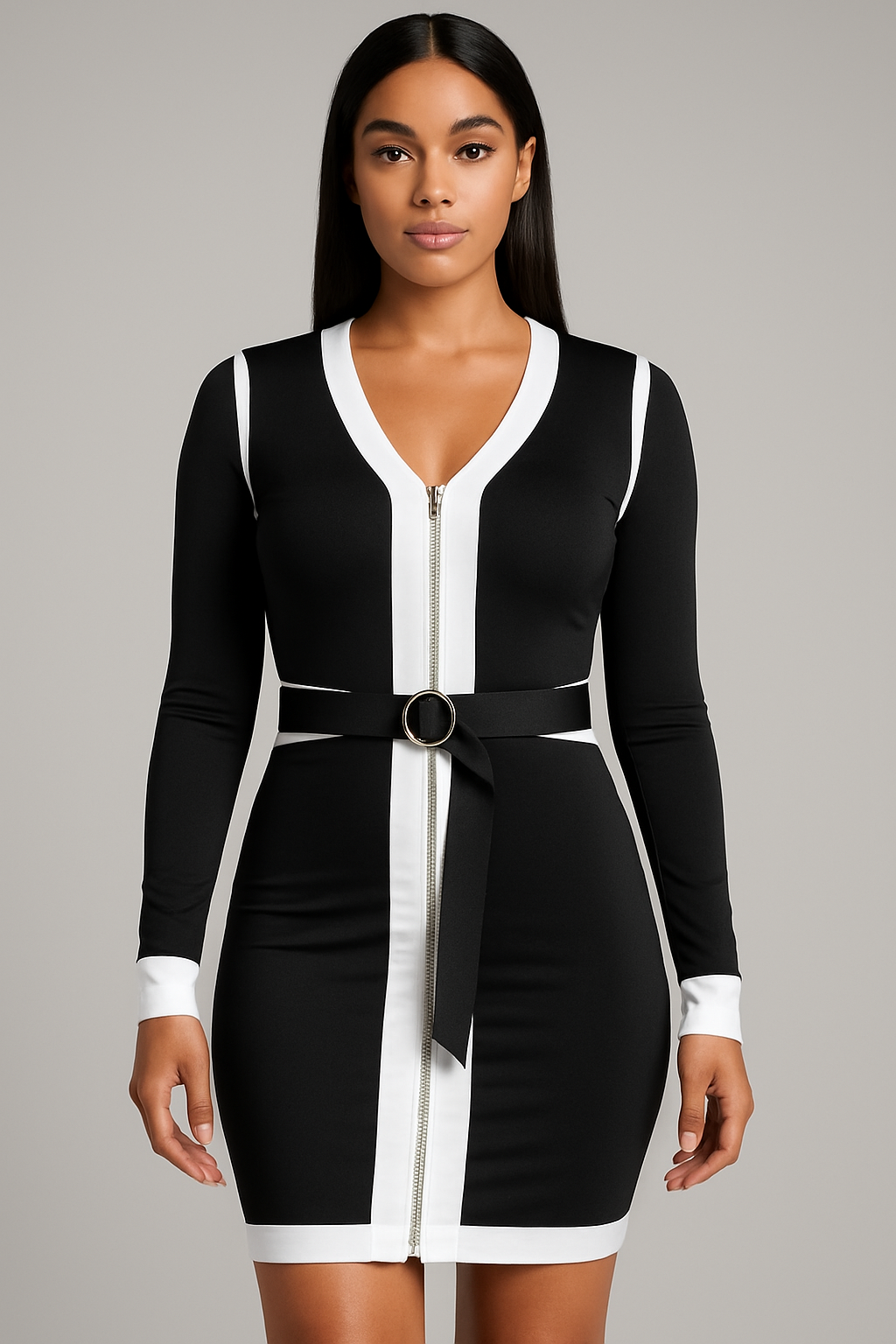 Contrast Bodycon Mini Dress with Zipper and Belt