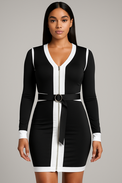 Contrast Bodycon Mini Dress with Zipper and Belt