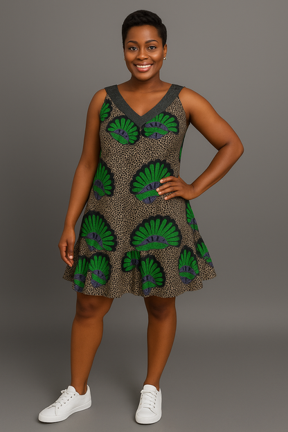 Ankara Flare Dress with V-Back – Green & Black Print