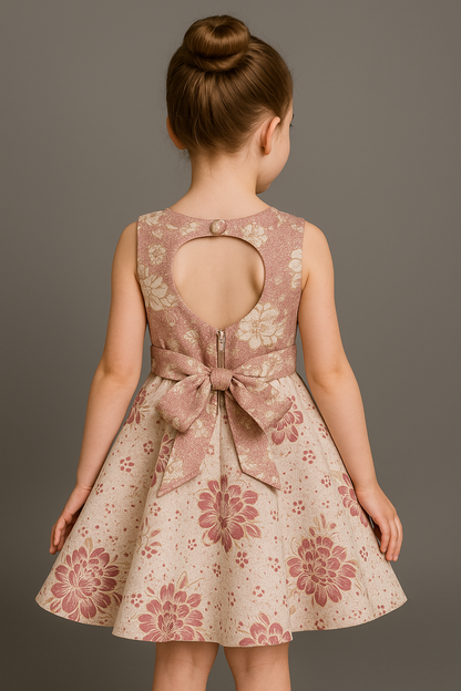 Blush Gold Brocade Round Open Back Floral Dress for Girls