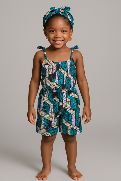 Purple Ankara Floral Romper with Headband – Kids