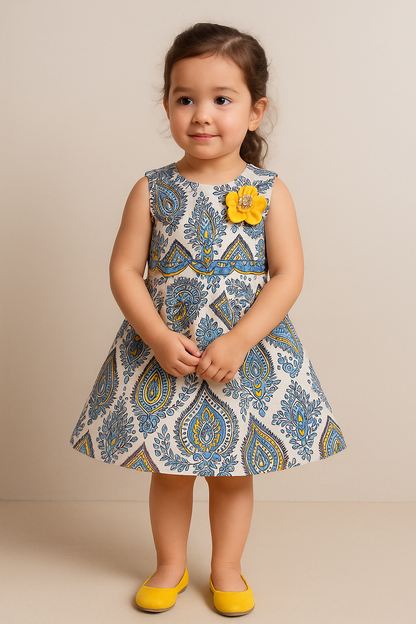 Blue & Yellow Ankara Girl’s Dress with Back Keyhole Detail