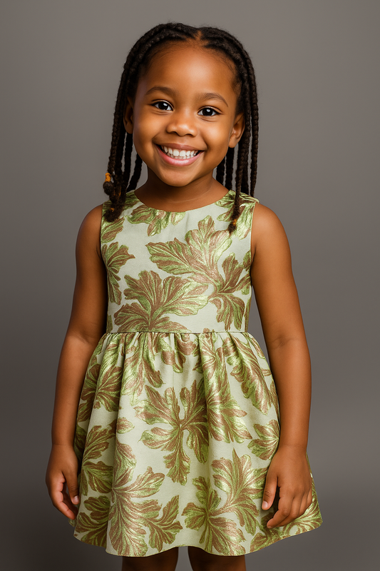 Girls’ Elegant Metallic Leaf Print Party Dress – Green & Gold