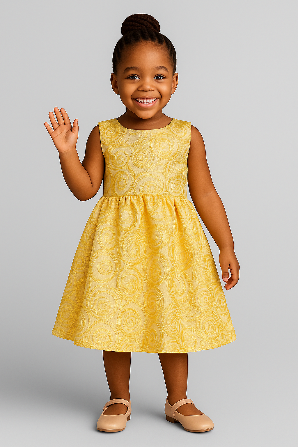 Girls’ Elegant Gold Swirl Party Dress with Bow