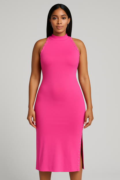 Studded Bodycon Midi Dress – Sleeveless Slit Detail