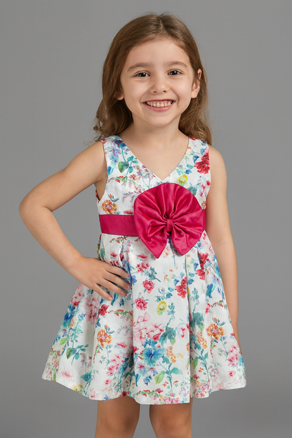 Girls Floral Party Dress with Zig-Zag V-Back and Red Zipper
