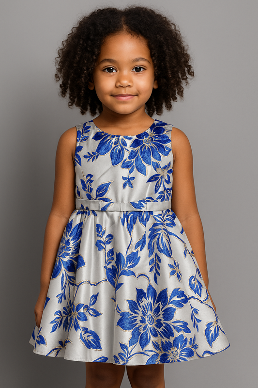 Girls Elegant Blue & Gold Floral Party Dress