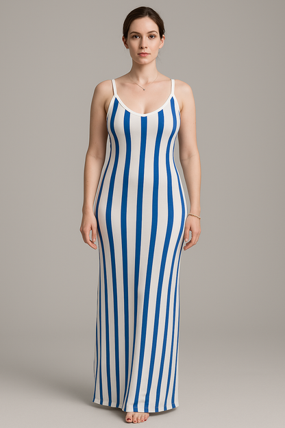 Vertical Stripe Sleeveless Maxi Dress – Summer Bodycon Fit
