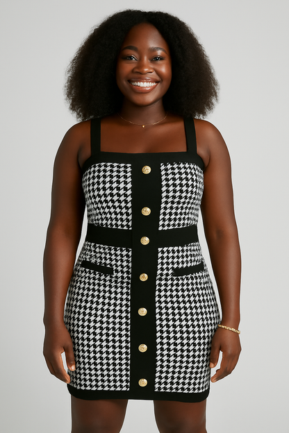 Houndstooth Gold-Button Bodycon Dress – Black & White Elegance