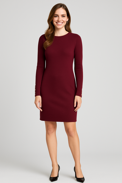 Burgundy Ribbed Knit Cutout Midi Dress with Gold Button Detail