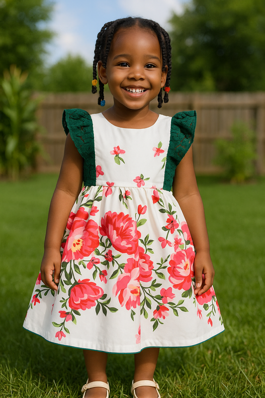 Girls Green Lace & Pink Floral Summer Dress