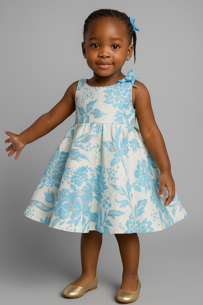 Elegant Blue Floral Brocade Dress – Girls