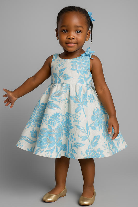 Elegant Blue Floral Brocade Dress – Girls