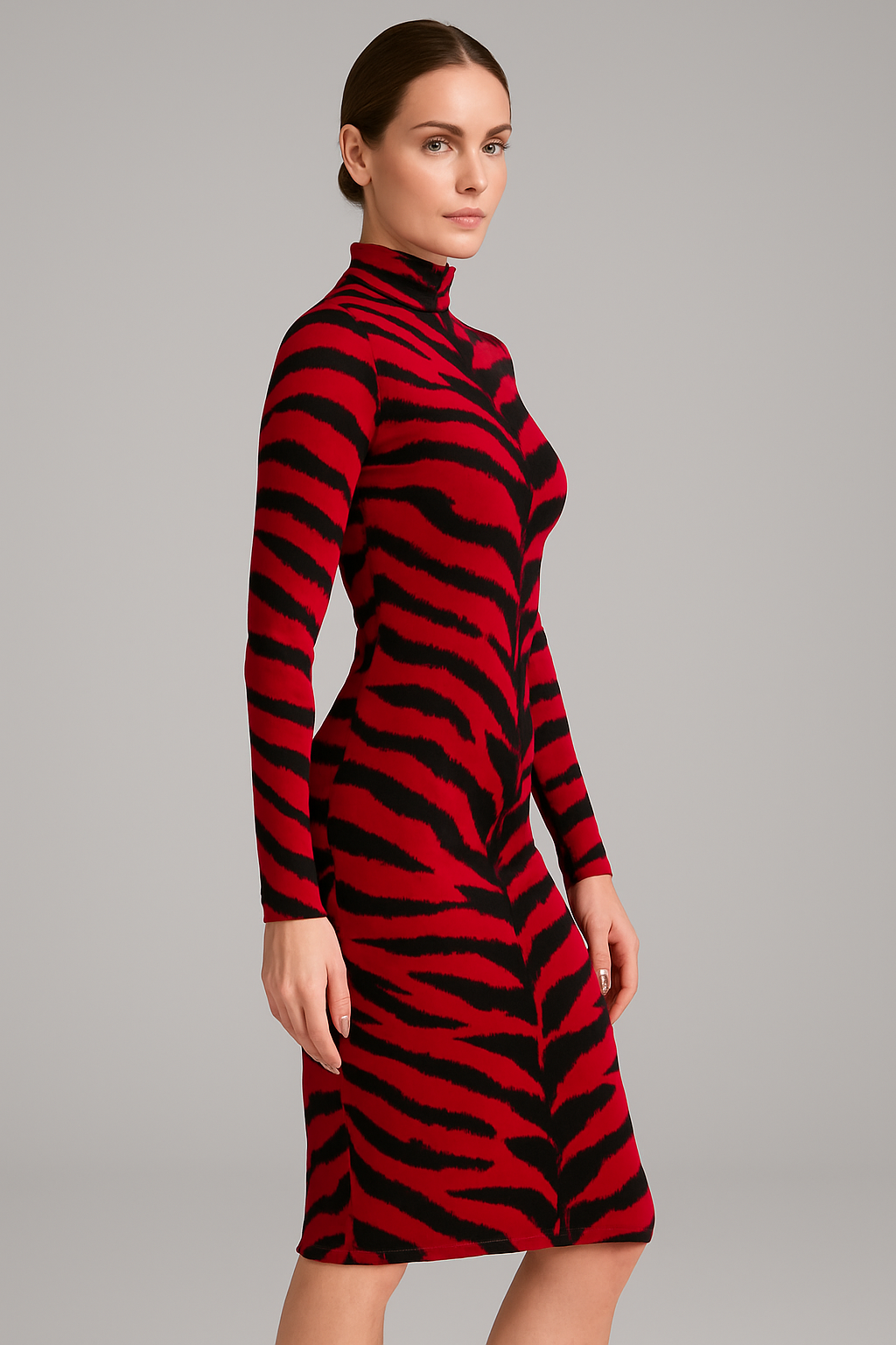 Red & Black Tiger Print Bodycon Midi Dress – Long Sleeve High Neck