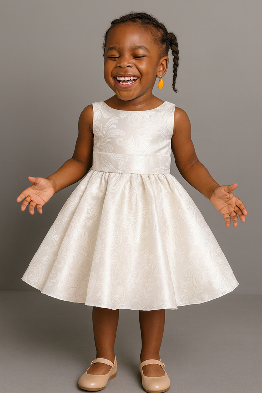 Chic Ivory Brocade Dress with Back Bow – Girls