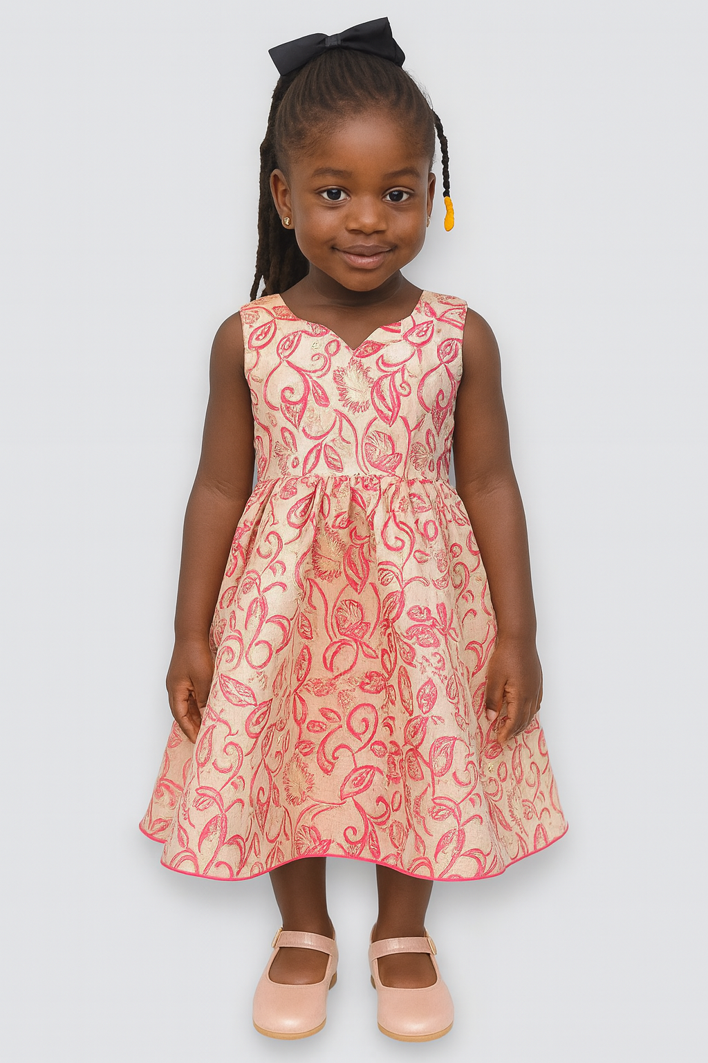 Girls’ Elegant Sleeveless Party Dress – Peach & Red Floral Design
