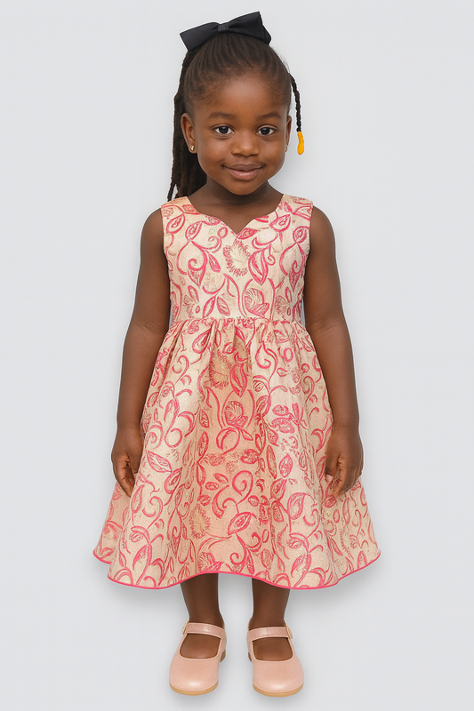 Girls’ Elegant Sleeveless Party Dress – Peach & Red Floral Design