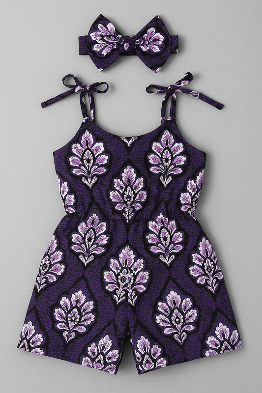 Purple Ankara Floral Romper with Headband – Kids