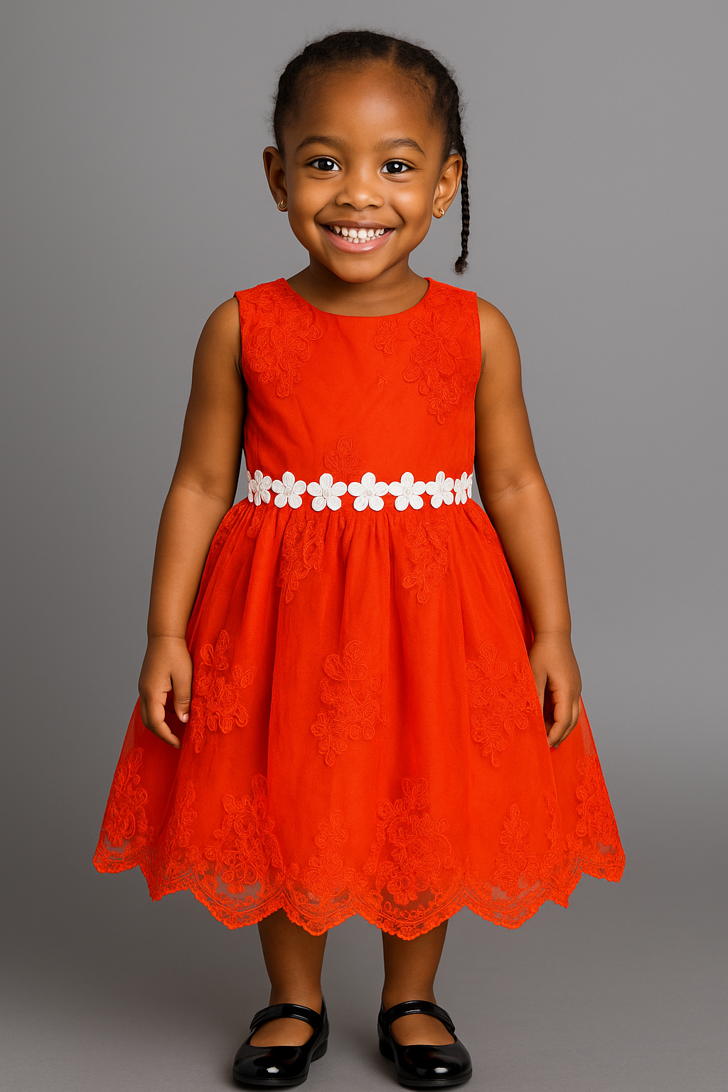 Sleeveless Red Floral Lace Girl's Party Dress – with Open Back