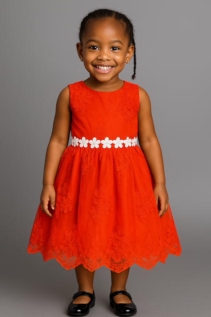 Sleeveless Red Floral Lace Girl's Party Dress – with Open Back