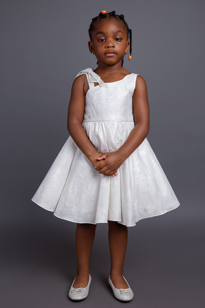Elegant White Floral Party Dress for Girls – Sleeveless Bow Detail