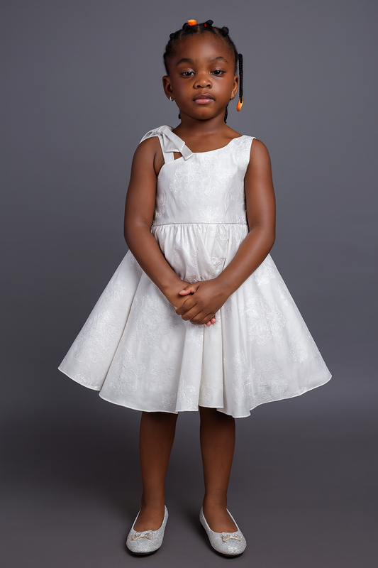 Elegant White Floral Party Dress for Girls – Sleeveless Bow Detail