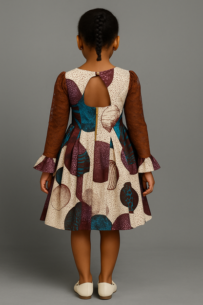 Girls' Ankara Patchwork Dress with Lace Sleeves – Open Back & Button