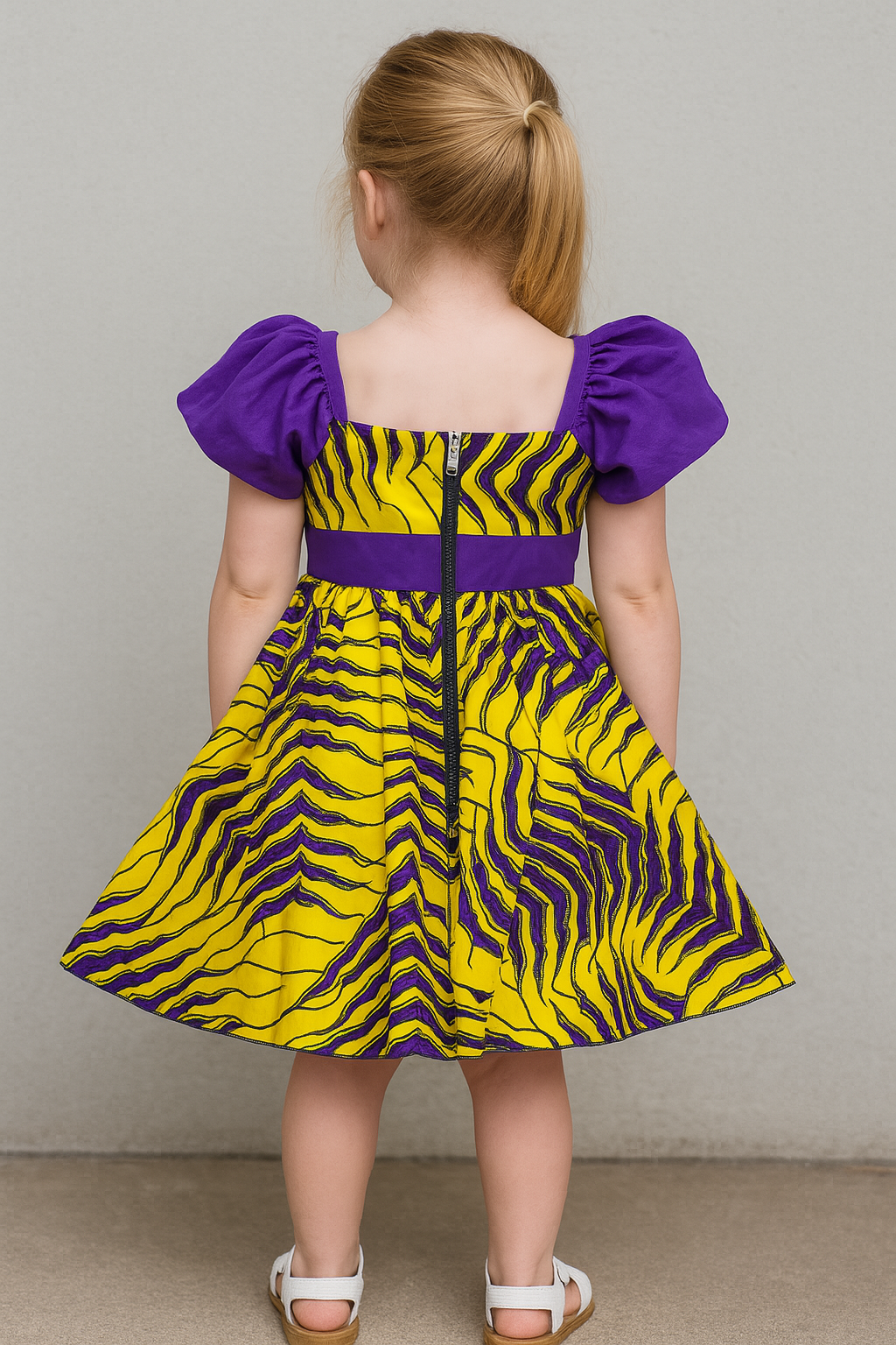 Girls' Puff Sleeve Ankara Party Dress – Yellow & Purple