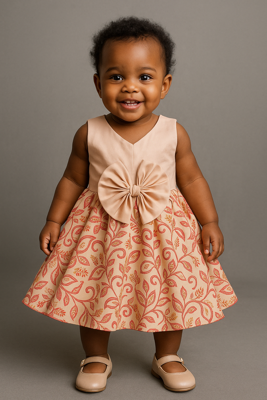 Baby Girl Elegant Bow Dress – Peach & Gold Paisley
