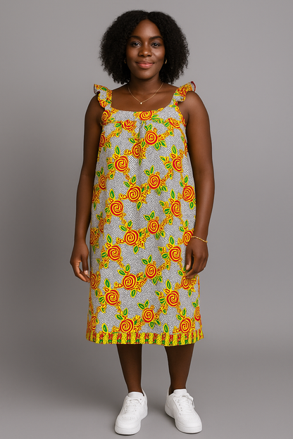 Women’s Sleeveless Ankara Midi Dress – Rose Print