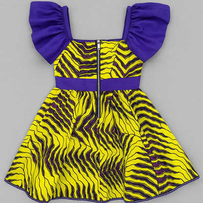 Girls' Puff Sleeve Ankara Party Dress – Yellow & Purple