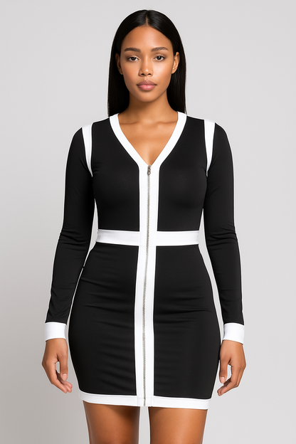 Contrast Bodycon Mini Dress with Zipper and Belt
