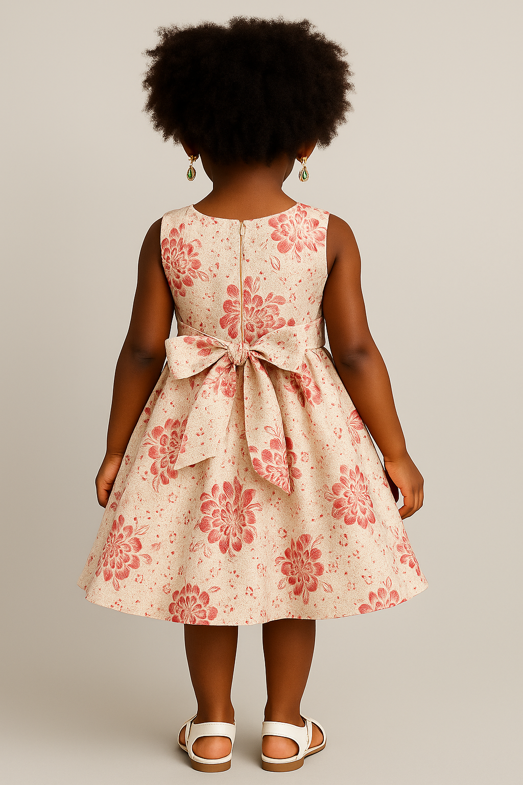 Girls’ Ivory & Red Floral Party Dress with Bow