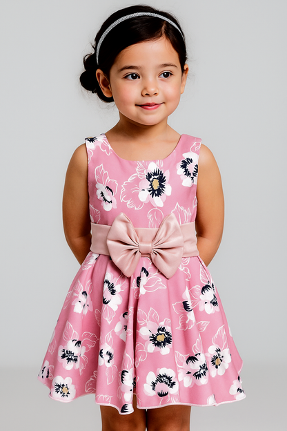 Girls' Pink Floral Dress with Waist Bow – Sleeveless Party Style
