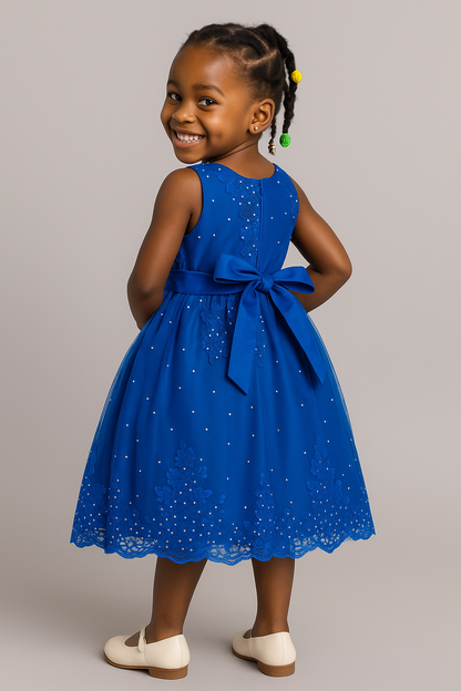 Royal Blue Lace & Pearl Party Dress for Girls – Back Bow Detail