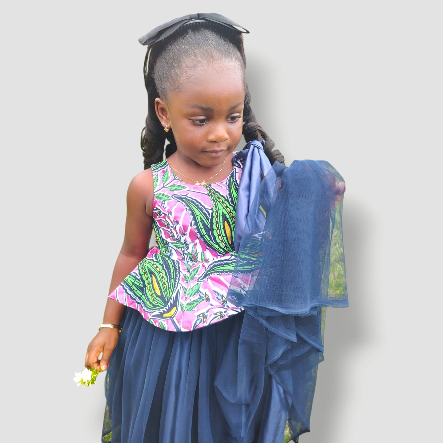 Ankara Tulle Princess Dress with One Shoulder Bow
