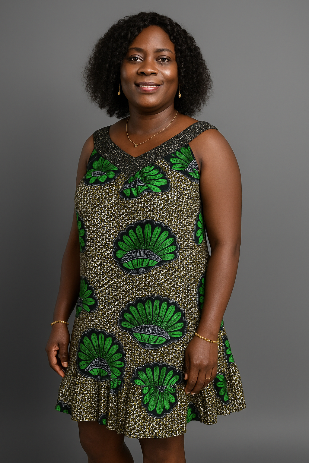 Ankara Flare Dress with V-Back – Green & Black Print