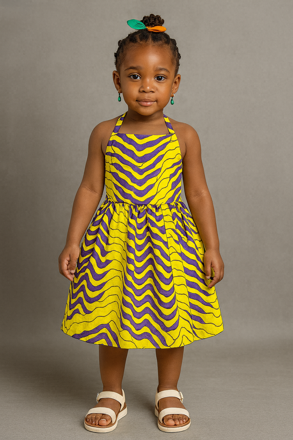 Girls’ Yellow & Purple Ankara Halter Dress with Crisscross Back