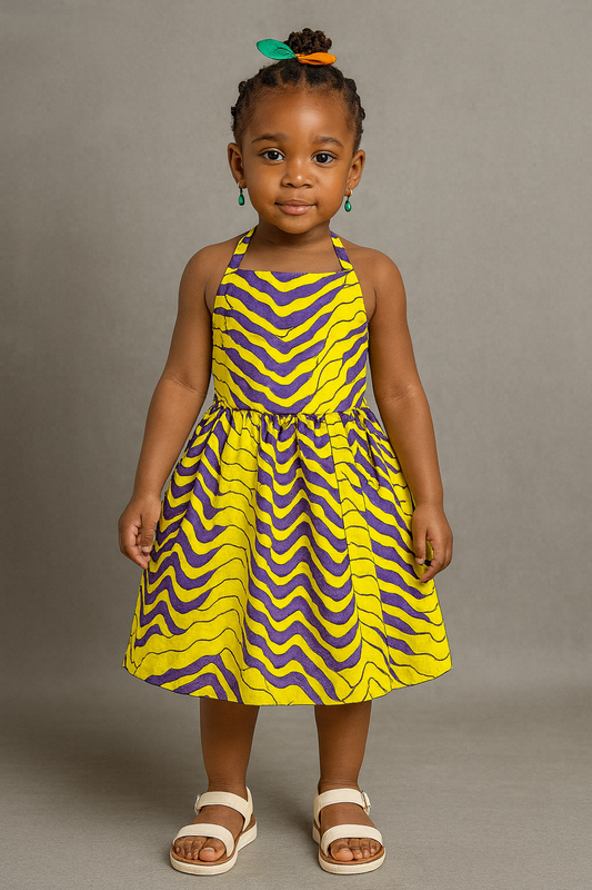 Girls’ Yellow & Purple Ankara Halter Dress with Crisscross Back