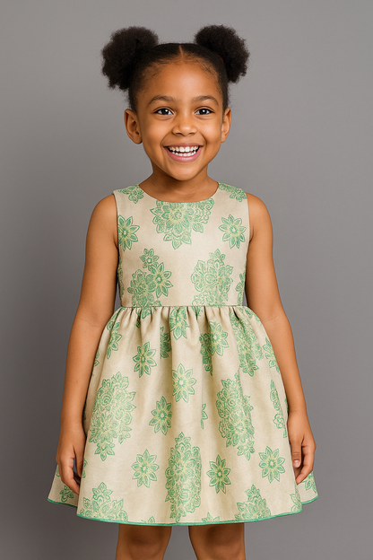 Girls’ Elegant Green Floral Dress – Sleeveless Fit & Flare