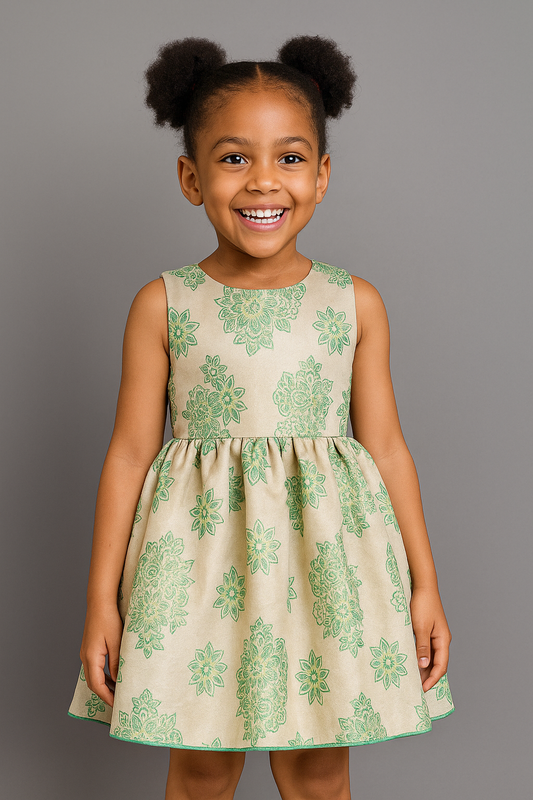 Girls’ Elegant Green Floral Dress – Sleeveless Fit & Flare