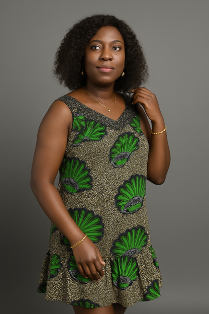 Ankara Flare Dress with V-Back – Green & Black Print