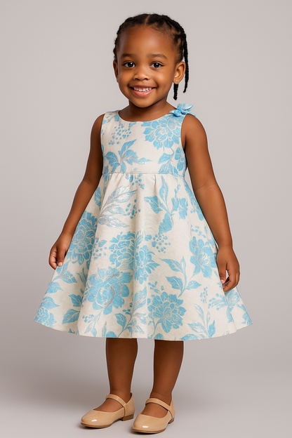 Elegant Blue Floral Brocade Dress – Girls