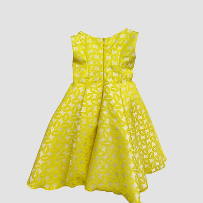 Girls' Yellow Floral Jacquard Dress with White Bow – Sunny Party Style