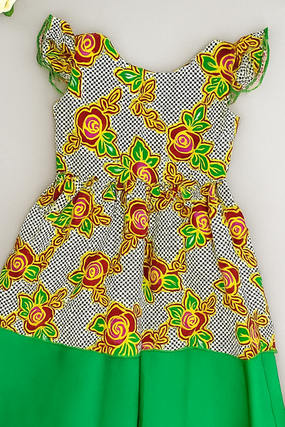 Floral Ankara Ruffle Sleeve Girls Dress – Green Accent