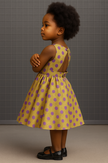 Yellow and Purple Polka Dot Open-Back Dress for Girls