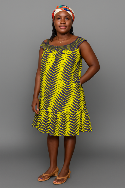 Women’s Off-Shoulder Ankara Dress – Yellow & Purple Print